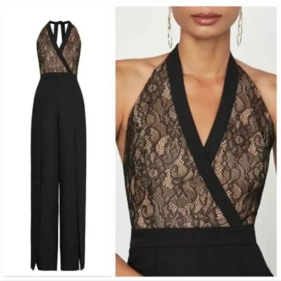 NEW BCBG MAXAZRIA Faux Wrap Lace Halter Split Hem Jumpsuit in Black Size Small - Picture 2 of 13